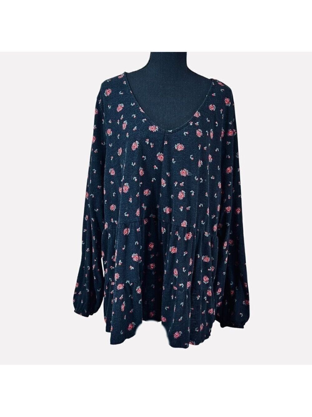 Torrid Black Red Roses Print Babydoll Cotton Blend Top Size 4
